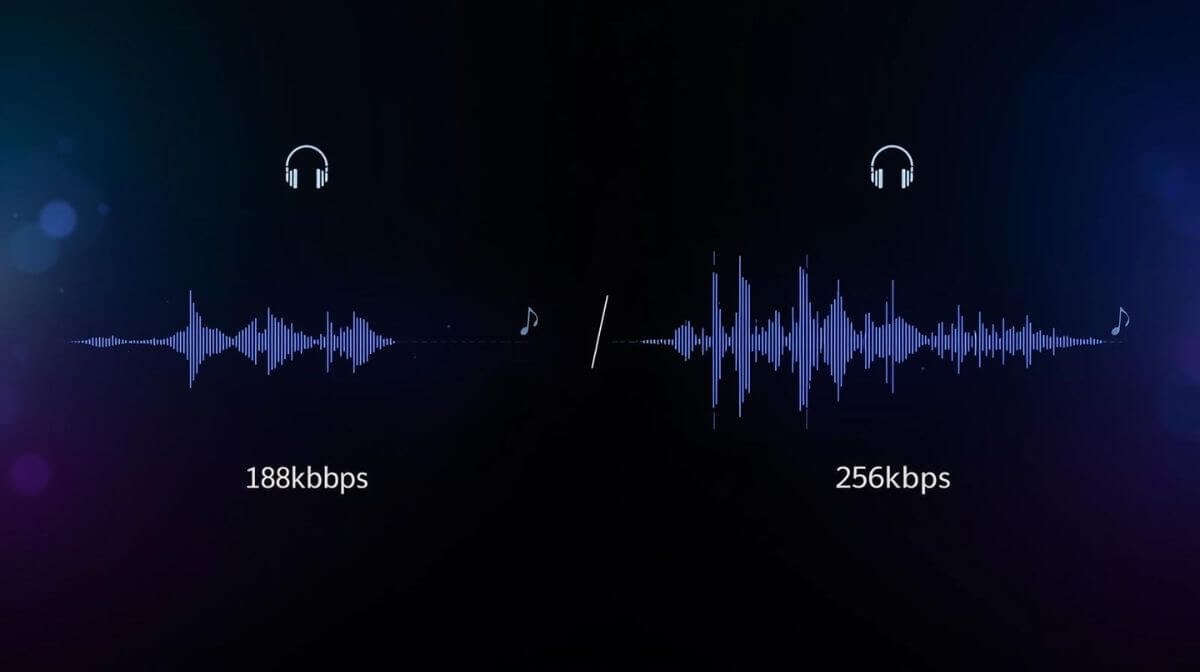 Comparison of 128kbps vs 256kbps MP3 audio quality showing difference in bitrate and waveform clarity