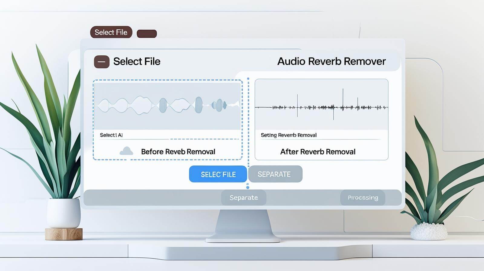 AI tool interface removing reverb from audio file showing clean and clear waveform comparison